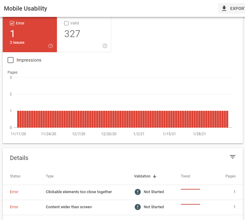 Google search console showing potential performance issues