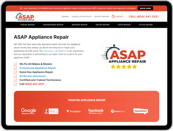 asap appliance repair full website design