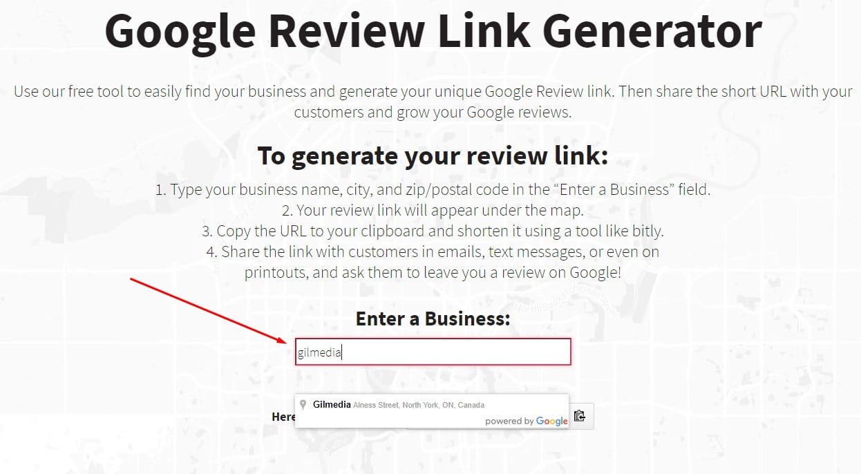 Image depicts the homepage for the SEO tool Google Review Link Generator.