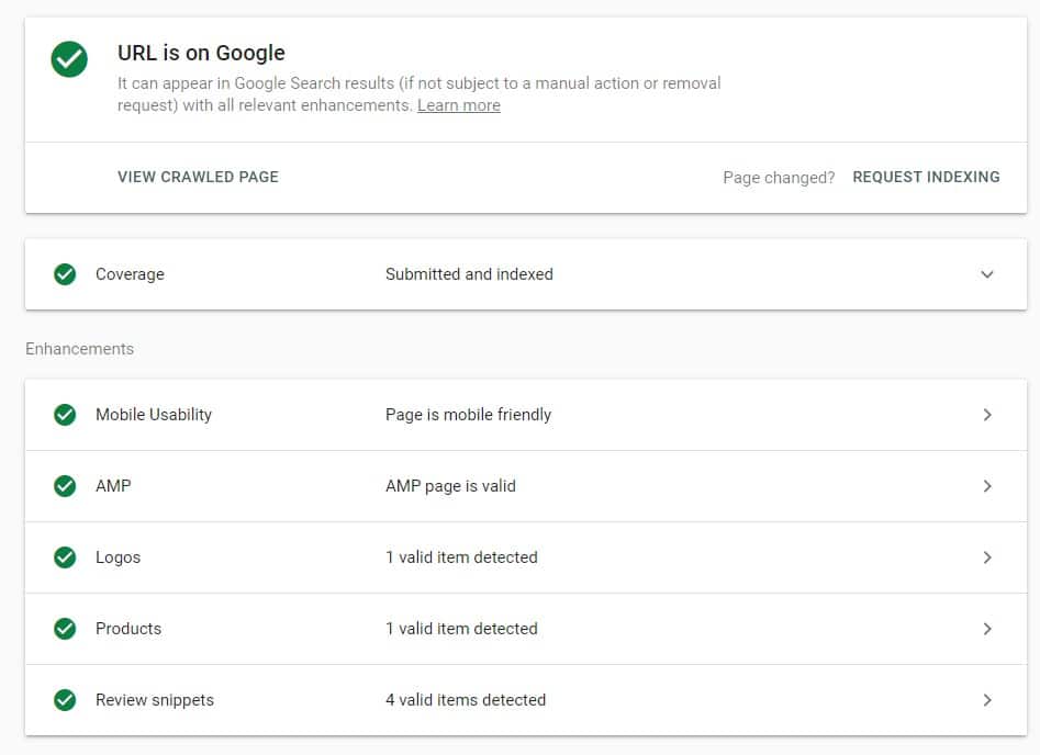 Image depicts the feature of Google Search Console where a user can request Google to index a page on a website.