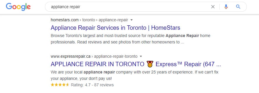 appliance repair company position on google