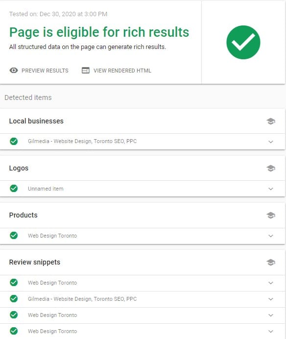 Image depicts a report from the Rich Results Tool which displays the state of a websites Structured Data.