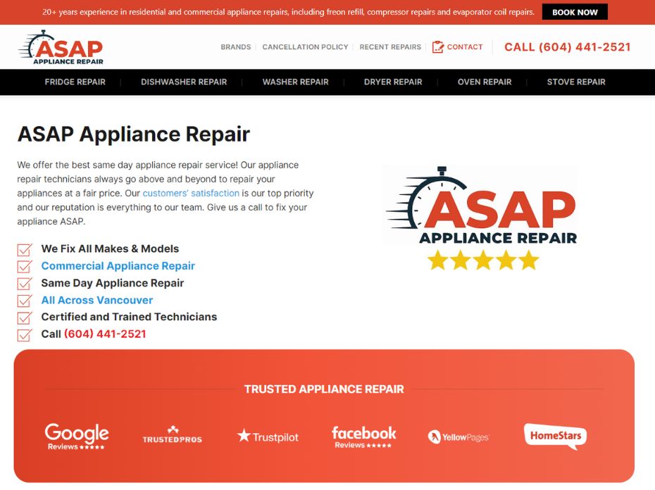website design for appliance repair company