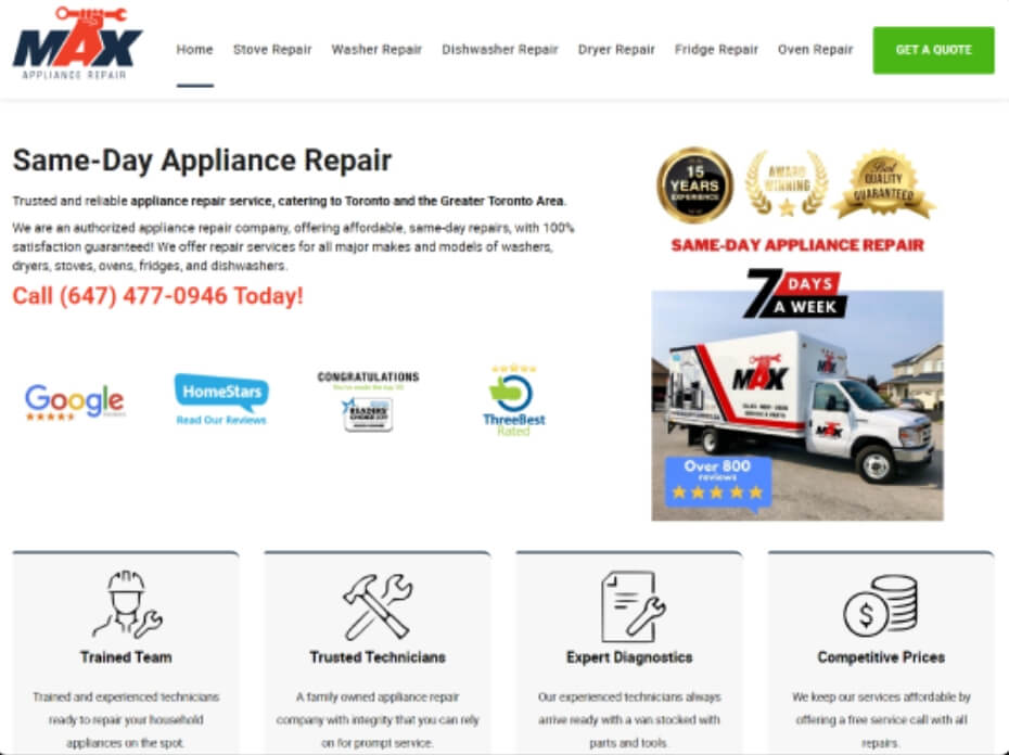 appliance repair company website development