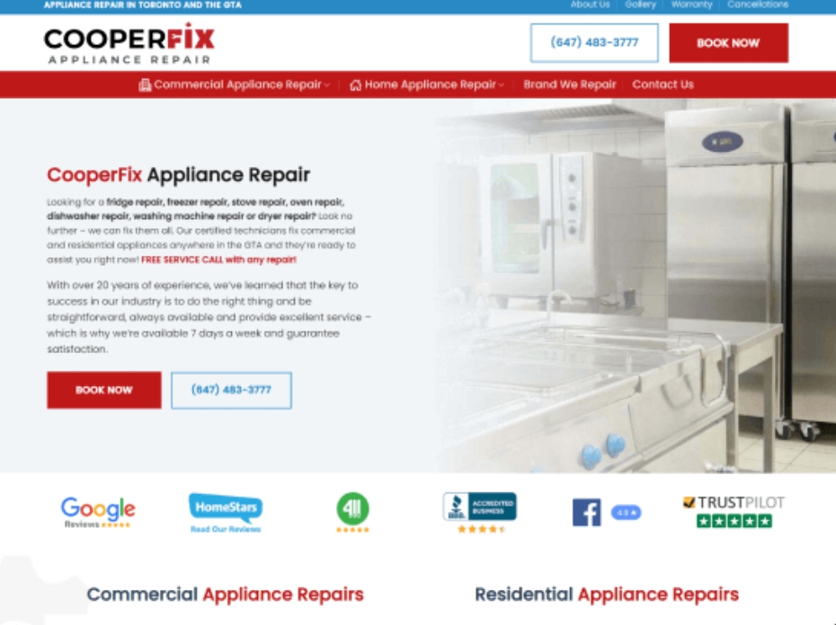 website layout and development of appliance repair company