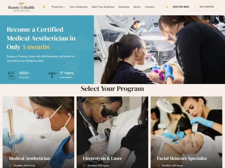 web design for beauty aesthetician school tampa