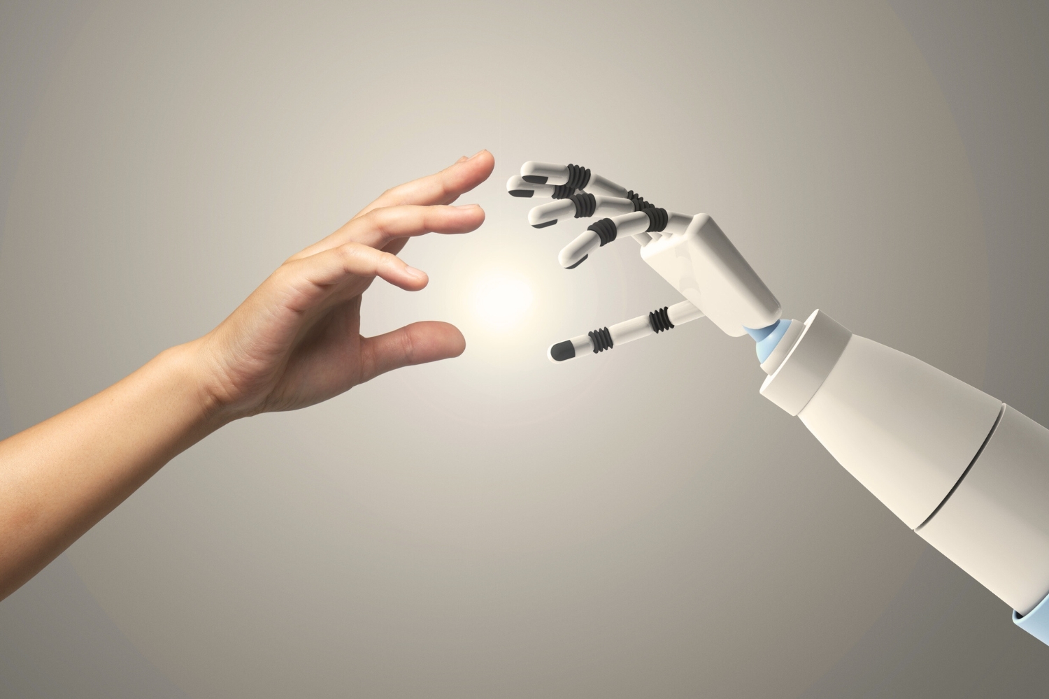 one robot hand and one human hand balancing human creativity and AI