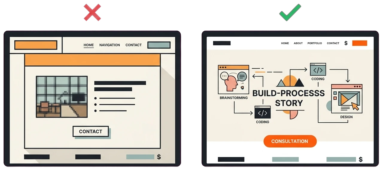 Before and after custom home builder website redesign from dated template to premium portfolio