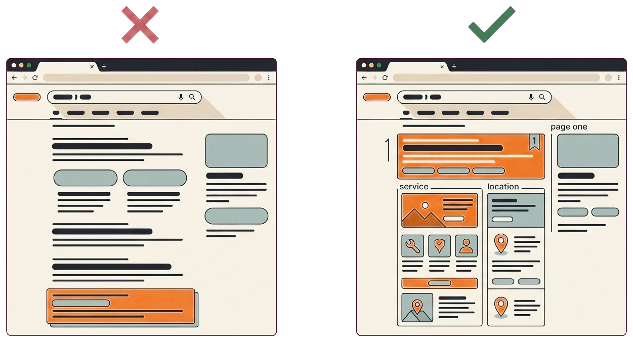Before and after tree removal SEO, buried thin site versus page-one service and location pages