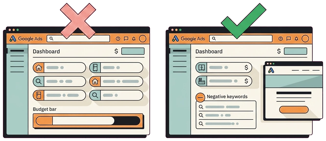 Before and after commercial appliance repair Google Ads rebuild from broad match to tight commercial targeting