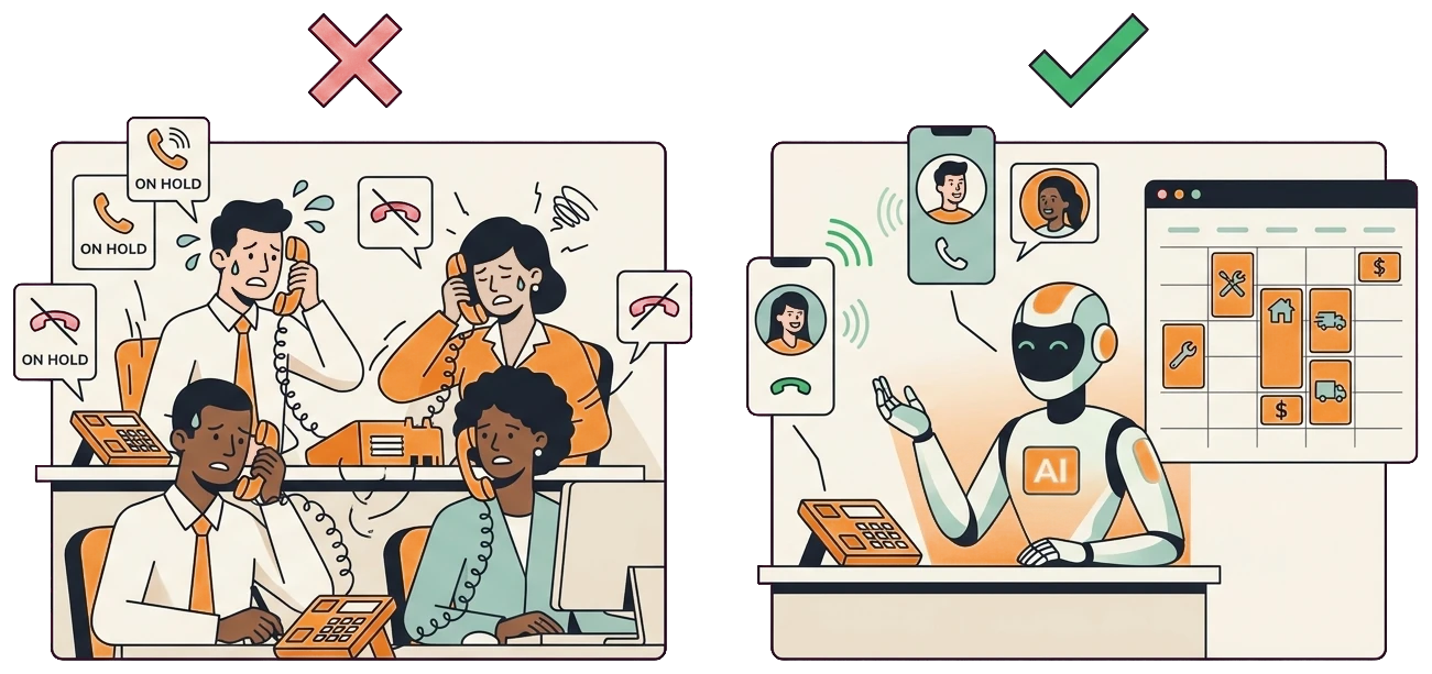Before and after appliance repair phone coverage showing overwhelmed staff versus an AI receptionist answering every call
