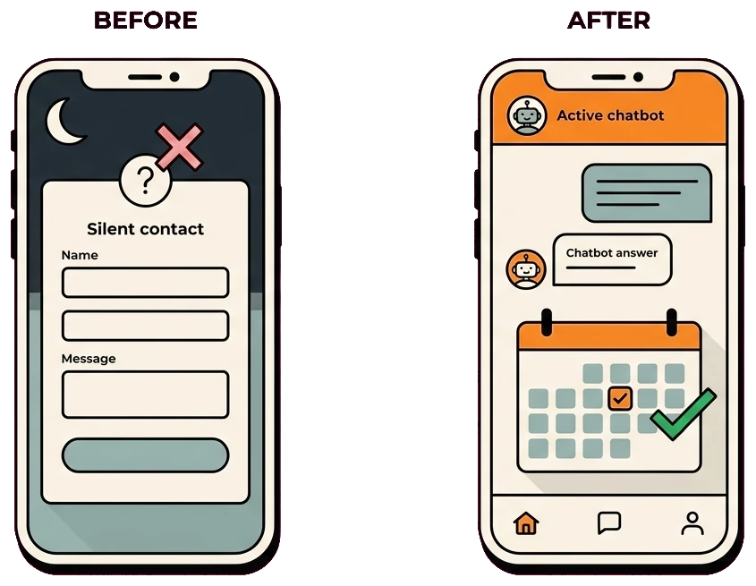 Before and after beauty clinic website showing a silent contact form versus a chatbot that answers and books