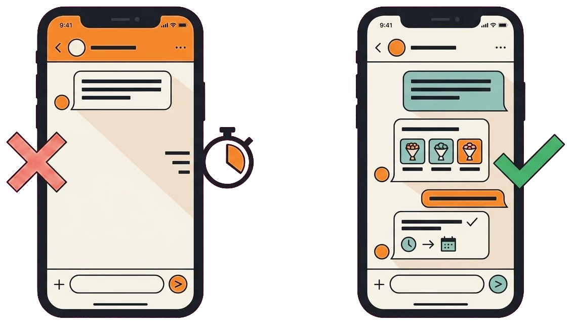 Before and after florist WhatsApp replies, slow manual versus instant chatbot