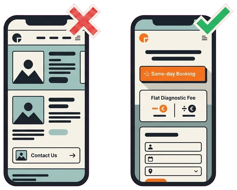 Before and after appliance repair website conversion redesign on mobile