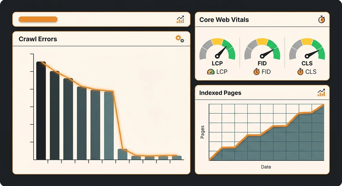 Commercial HVAC technical SEO dashboard showing crawl errors resolved and Core Web Vitals passing