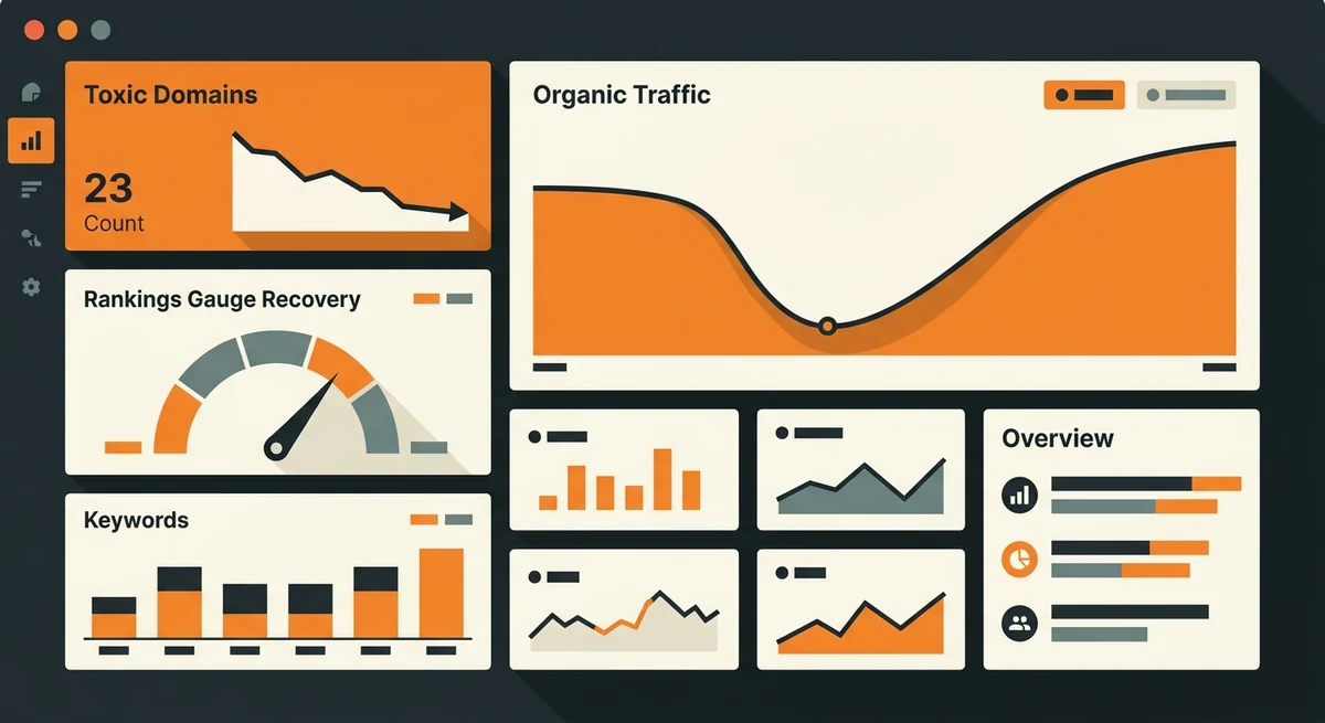 Law firm SEO recovery dashboard showing toxic domains disavowed and organic traffic rebounding