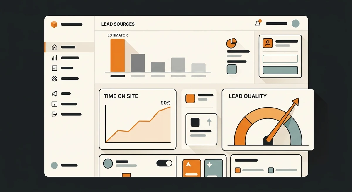 Windows and doors results dashboard showing the estimator as a top lead source and time-on-site up 90 percent