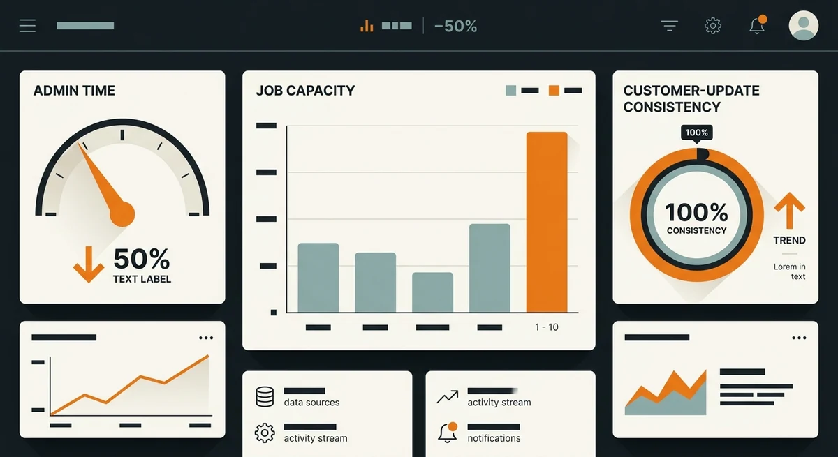 Commercial appliance repair results dashboard showing admin time down 50 percent and capacity up