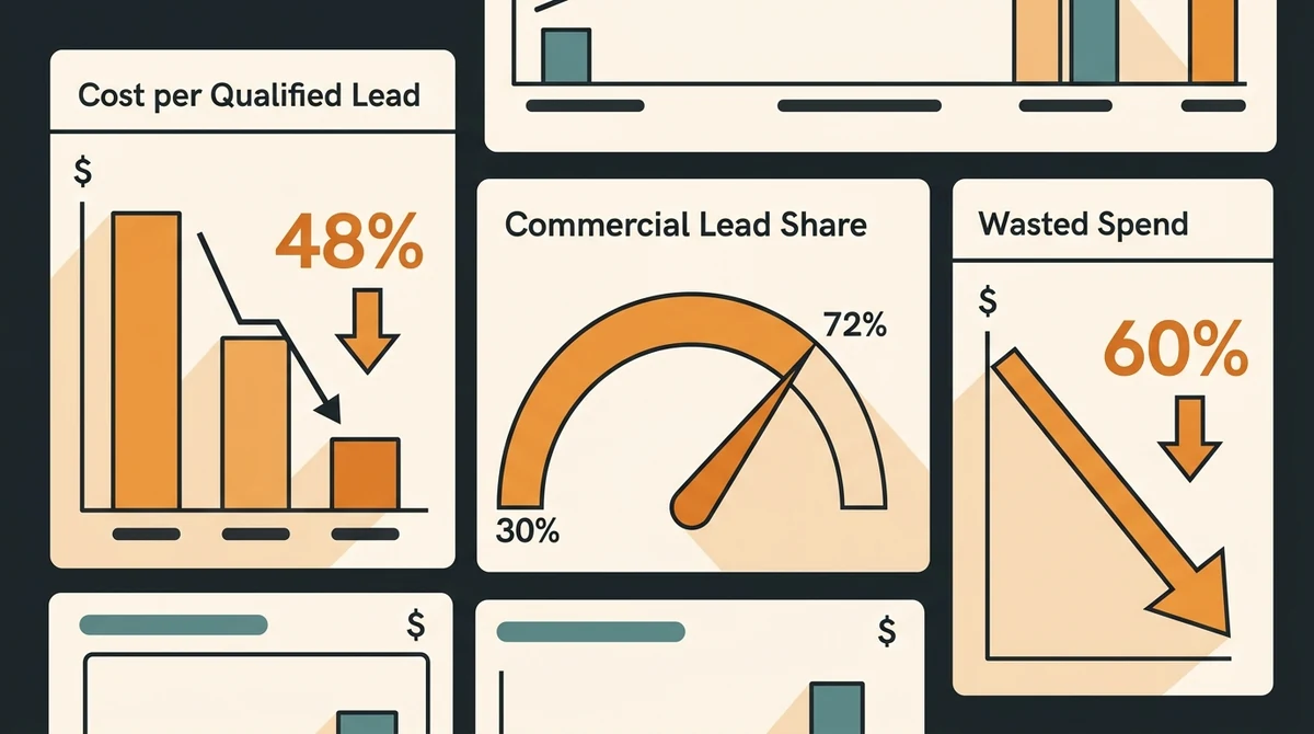 Commercial appliance repair Google Ads results dashboard showing cost per qualified lead down 48 percent
