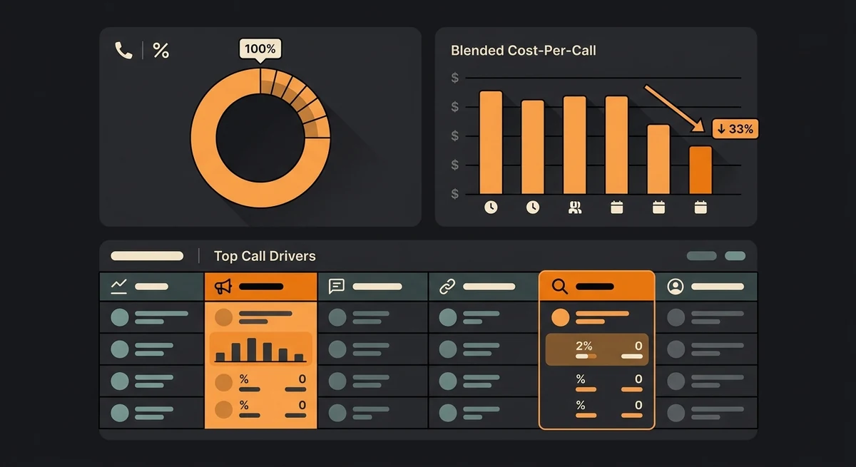 Garage door repair call tracking dashboard showing 100 percent attribution and cost per call down 33 percent