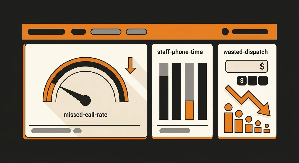 Appliance repair AI receptionist dashboard showing missed-call rate down about 90 percent and staff phone time down 60 percent
