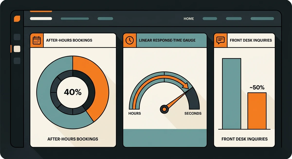 Beauty clinic chatbot dashboard showing after-hours bookings about 40 percent of total and response time from hours to seconds