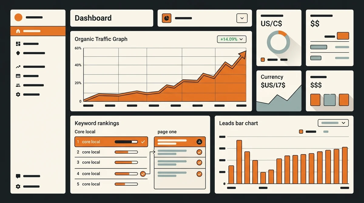 Tree removal results dashboard showing organic traffic up 180 percent and page-one rankings