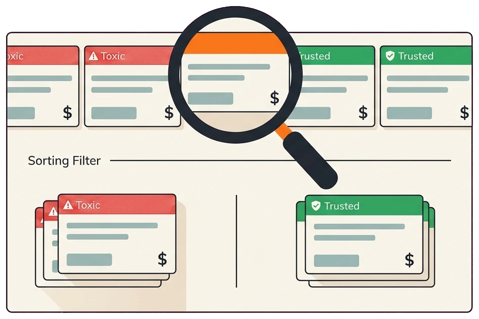 Toxic backlink audit illustration sorting referring domains into trusted and spammy piles