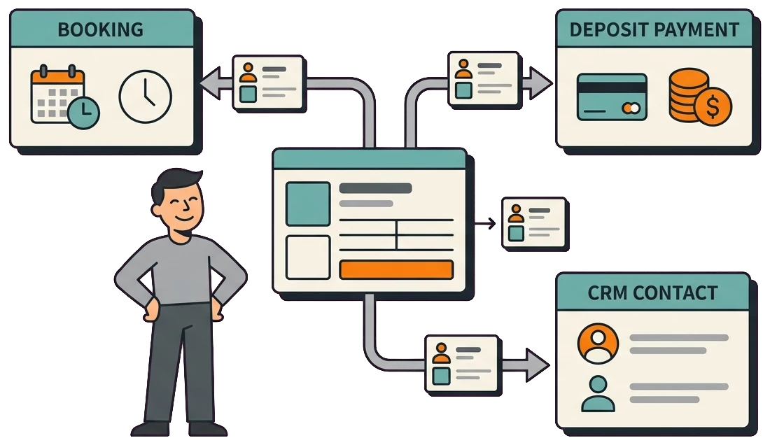 Single tree removal customer record flowing across booking, payments, and CRM