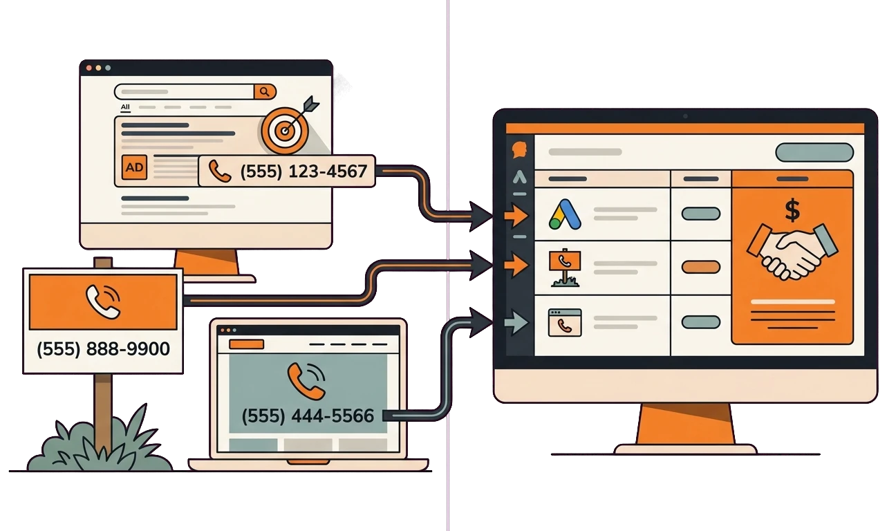 HVAC call tracking illustration showing unique numbers per marketing channel feeding one dashboard