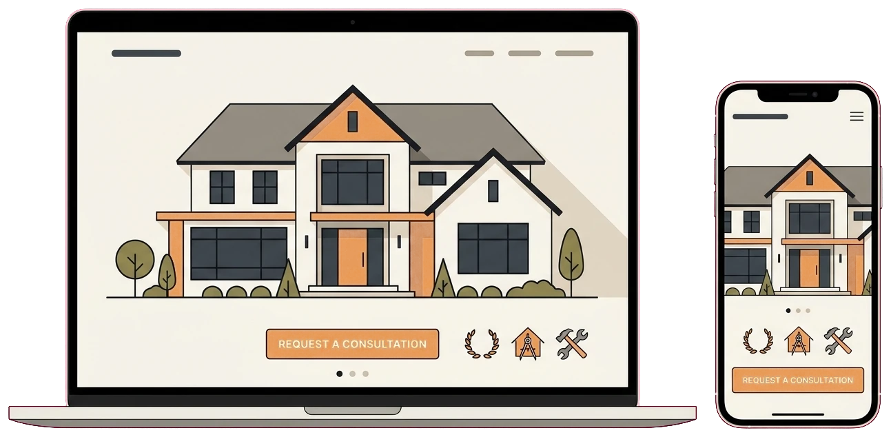 Custom home builder premium website on laptop and phone with full-bleed project gallery