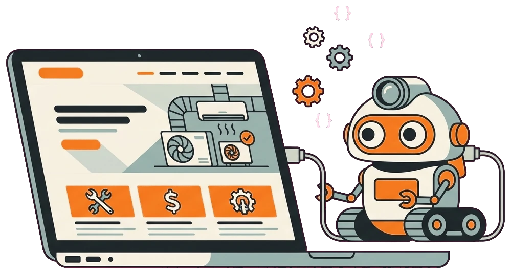 Commercial HVAC website with search crawler reading a clean technical foundation