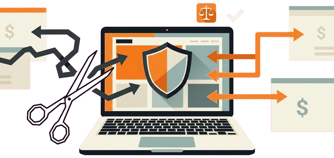 Law firm website protected by a shield with toxic backlinks being cut away and clean links added