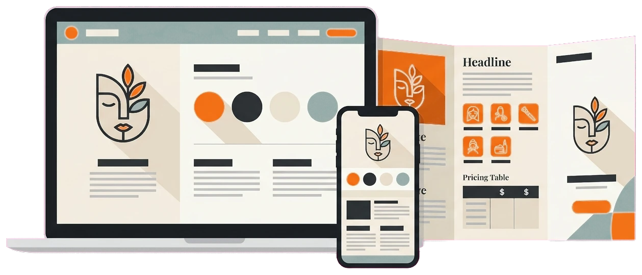Beauty institute brand shown consistently across website, phone, and printed brochure