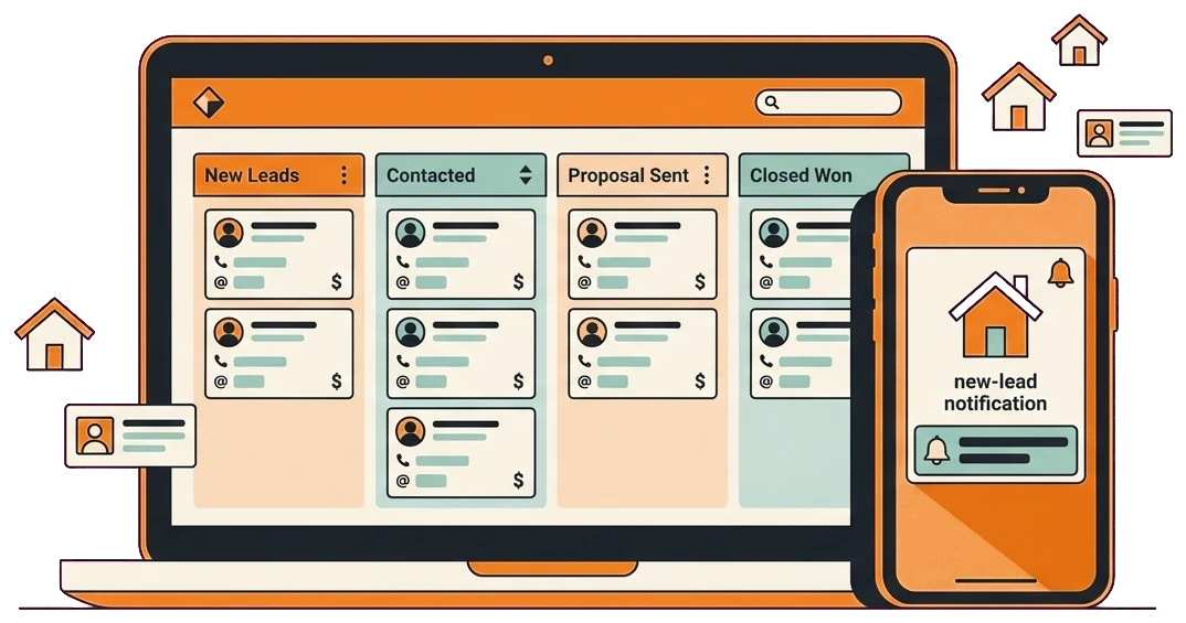 Custom home builder CRM pipeline shown on laptop and phone capturing every lead