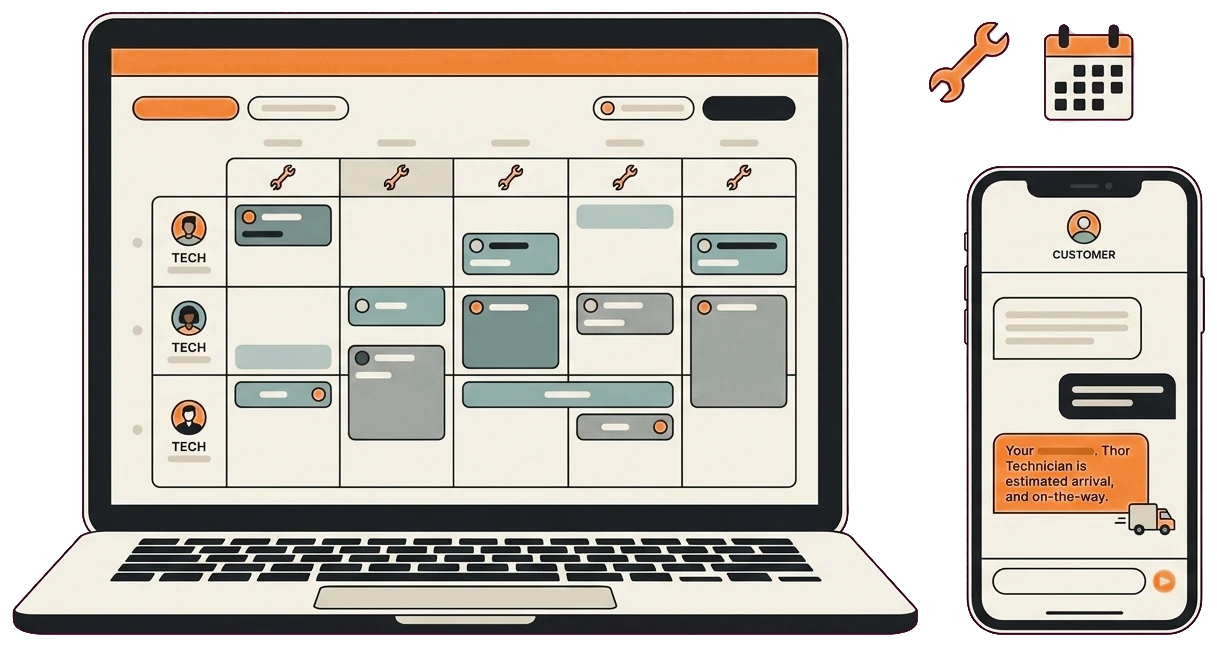 Commercial appliance repair automated dispatch board and customer update text on laptop and phone