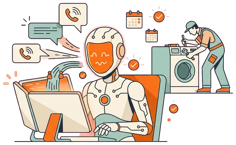 Appliance repair AI phone receptionist answering multiple calls while a technician keeps working