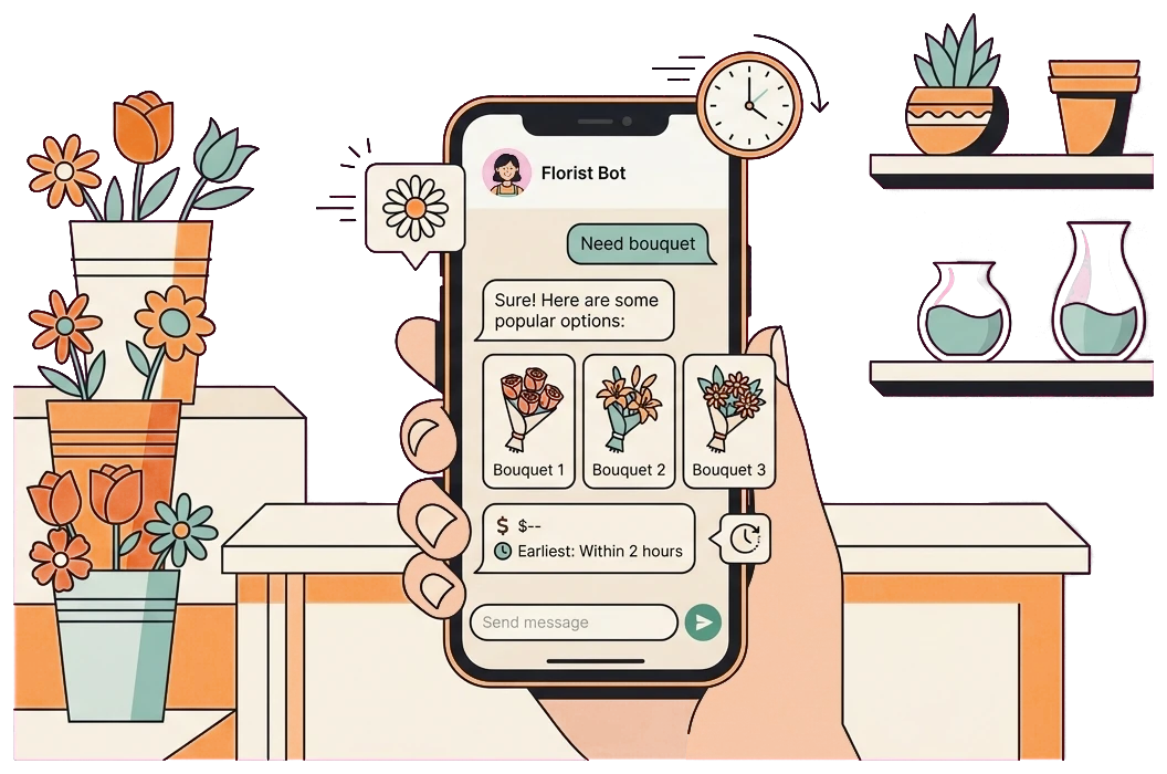 Florist WhatsApp chatbot replying instantly with bouquet options and delivery time on a phone