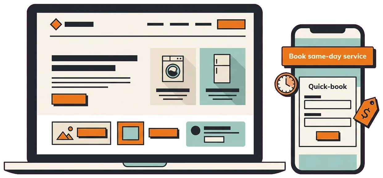 Appliance repair website with same-day booking button and quick-book form on laptop and phone