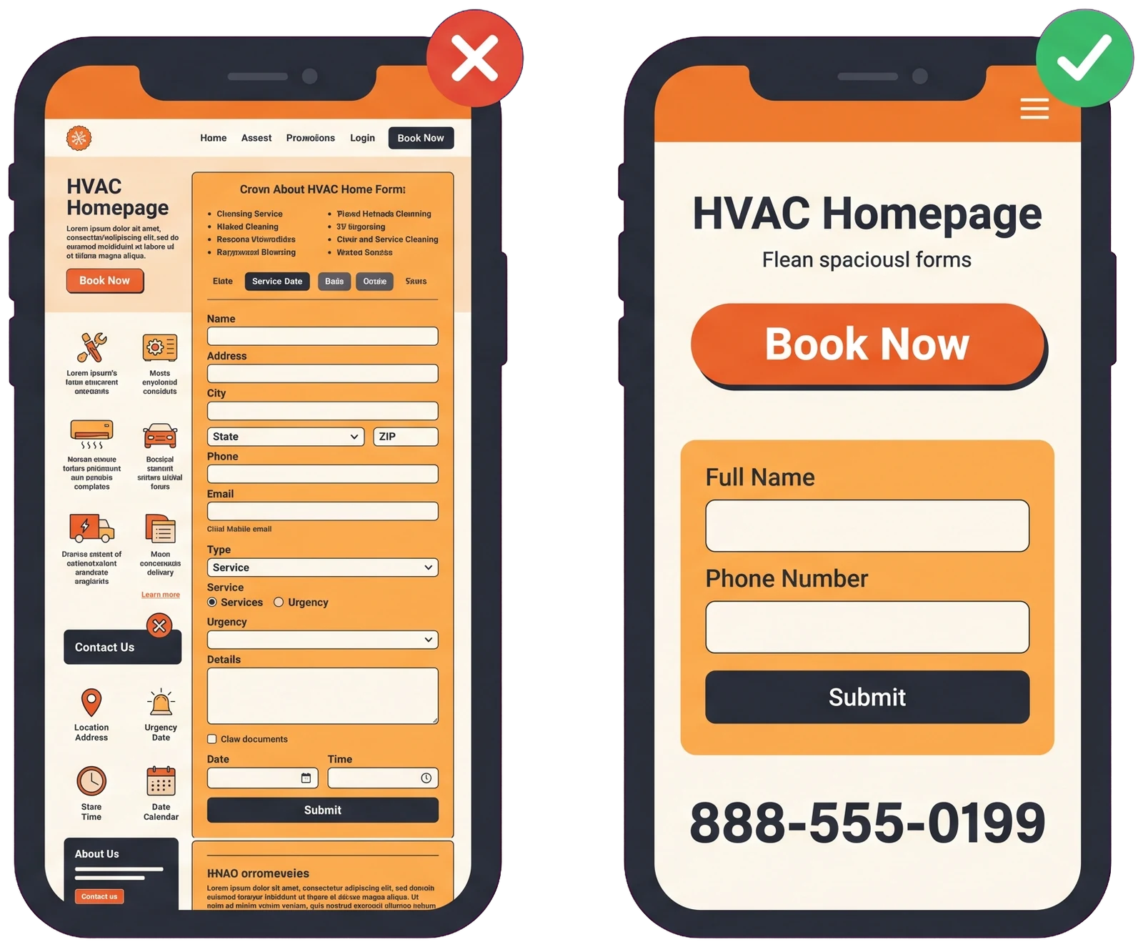 Flat transparent illustration comparing a cluttered HVAC website form with a clean short booking form