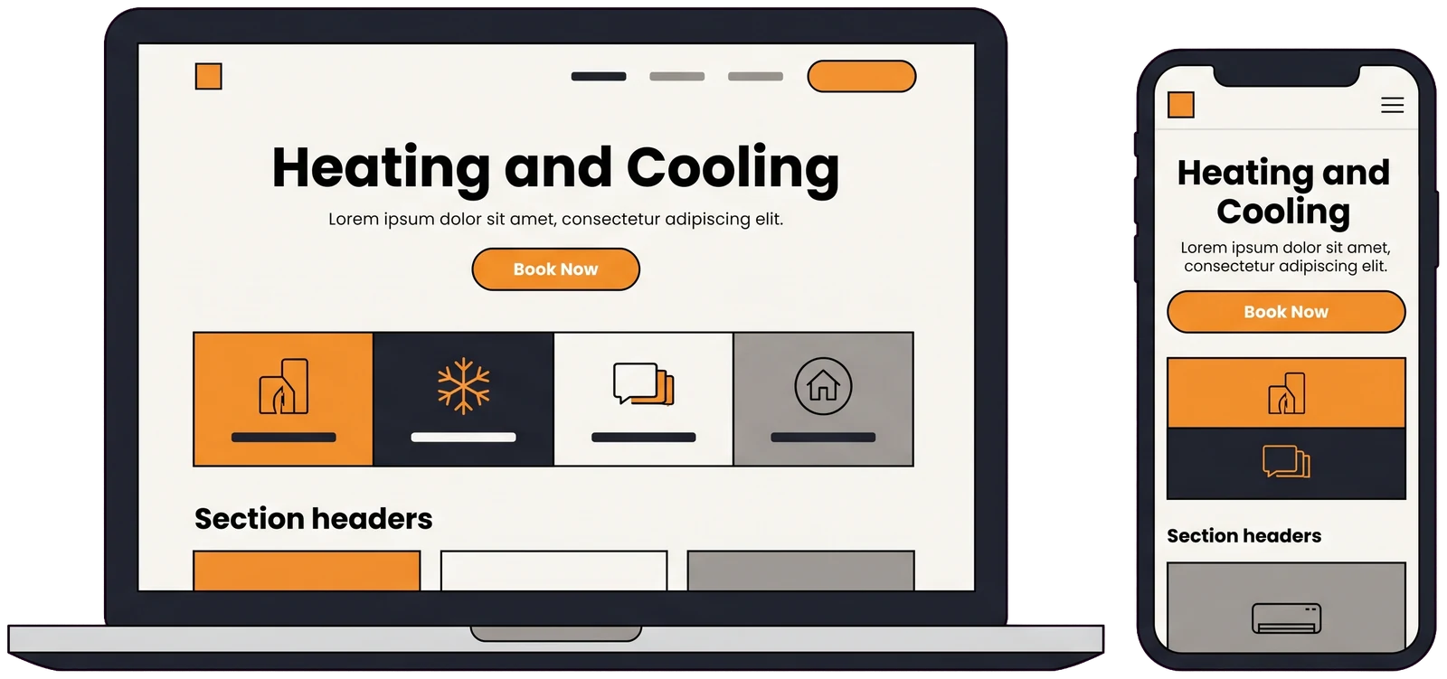 Flat transparent illustration of a conversion-optimized HVAC website on desktop and mobile with a Book Now button