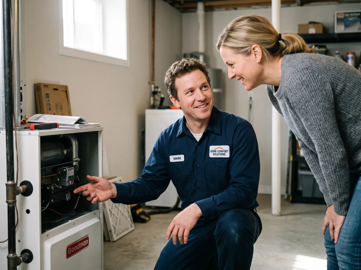 A real residential HVAC technician showing a homeowner the furnace, an authentic photo used instead of generic stock imagery