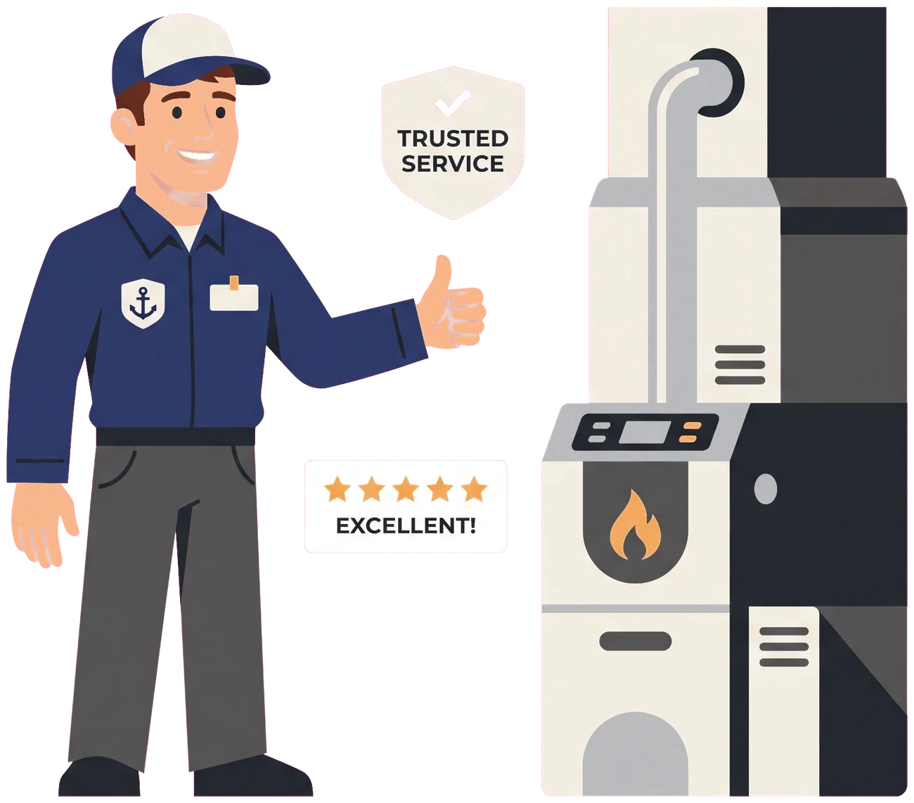 Flat transparent illustration of a trusted HVAC technician with a five-star customer review