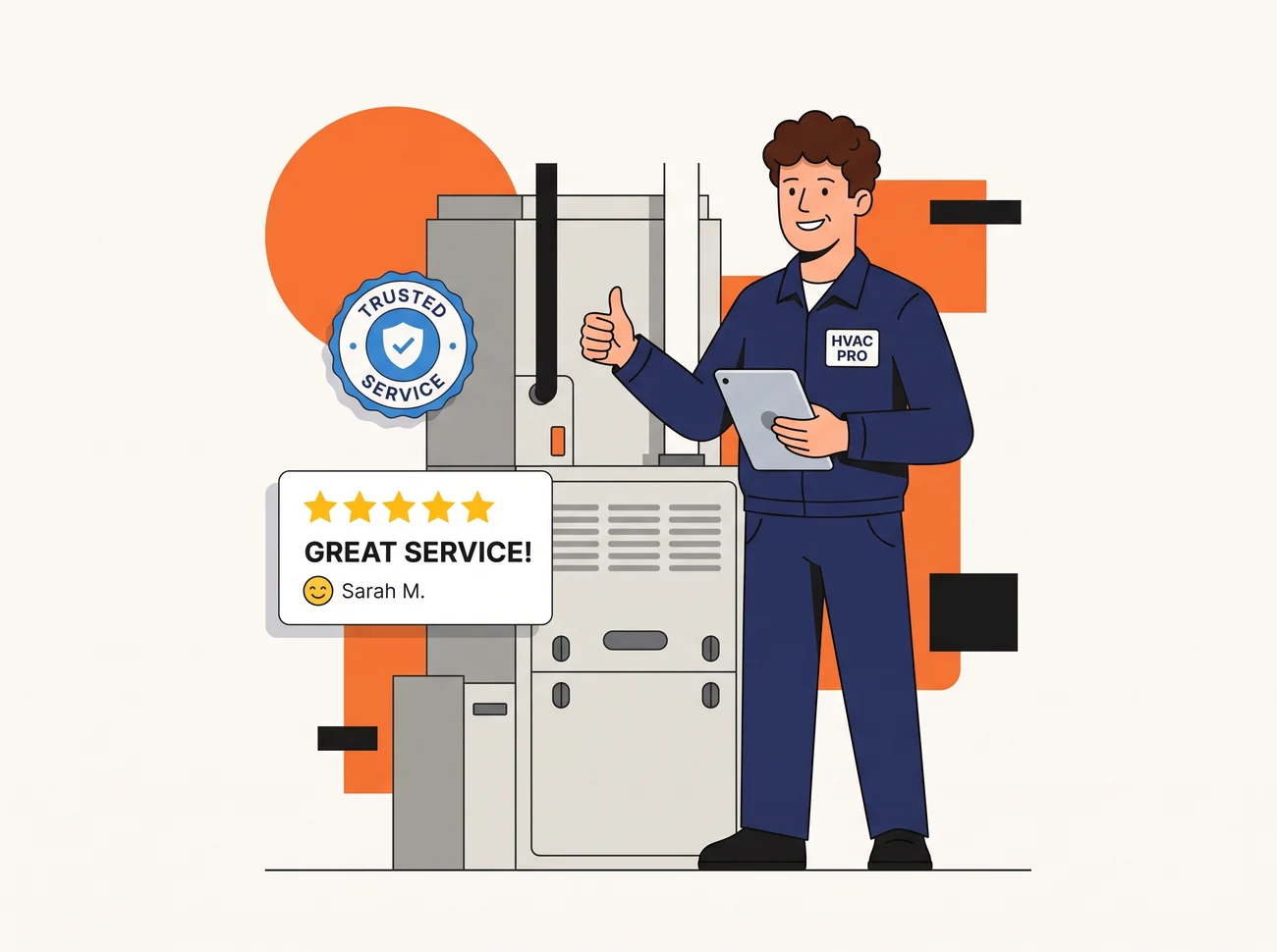 Flat illustration of a trusted HVAC technician with a five-star customer review, representing authentic brand imagery and customer trust