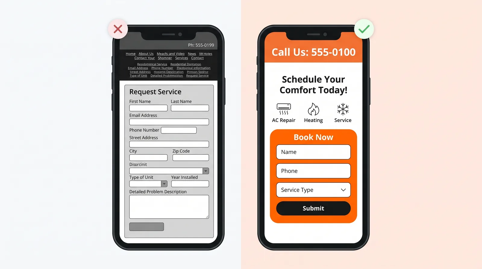 Before and after of an HVAC website redesign: a cluttered nine-field contact form versus a simple three-field booking form