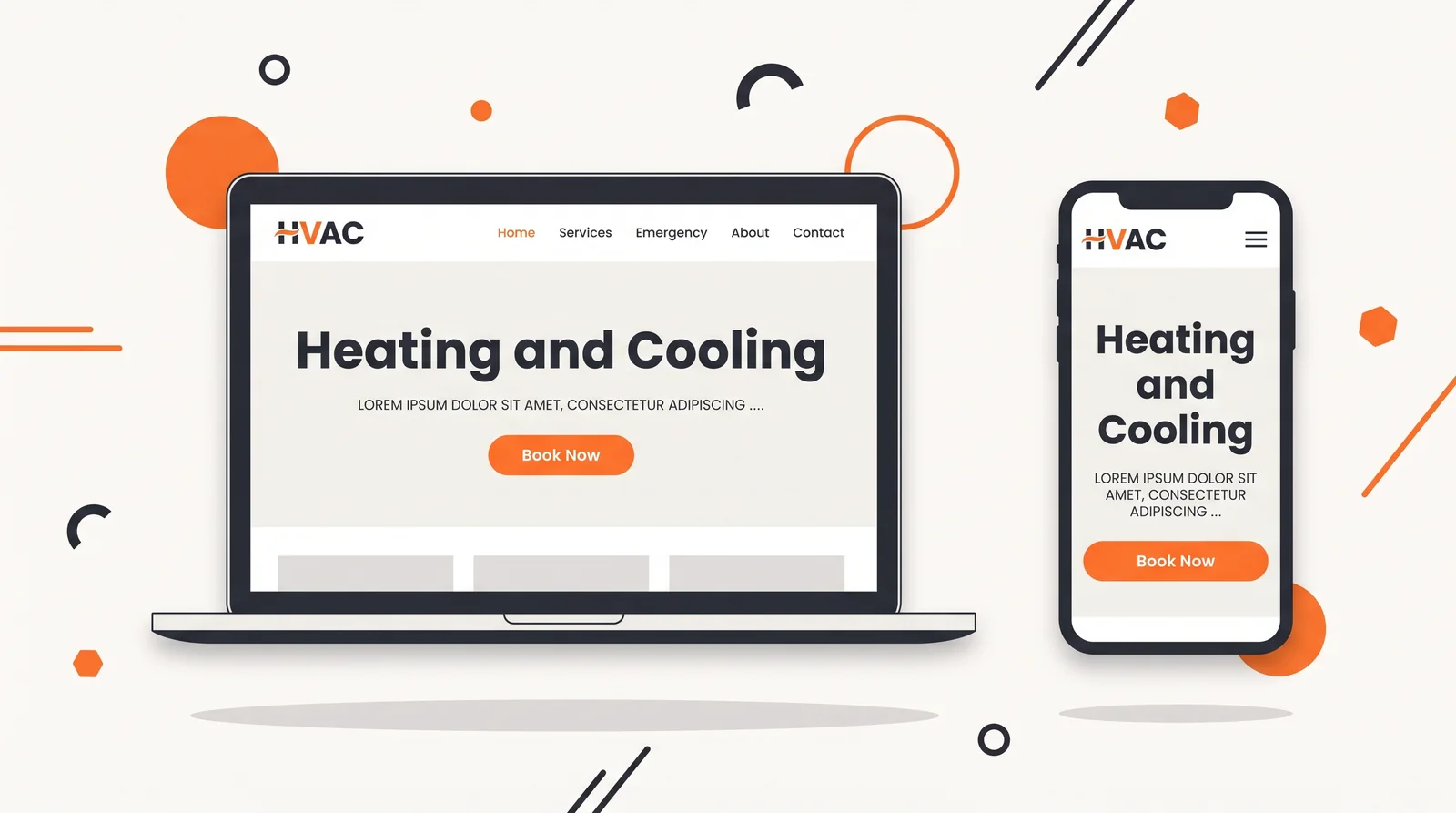 Flat illustration of a conversion-optimized HVAC website shown on desktop and mobile with a Book Now button