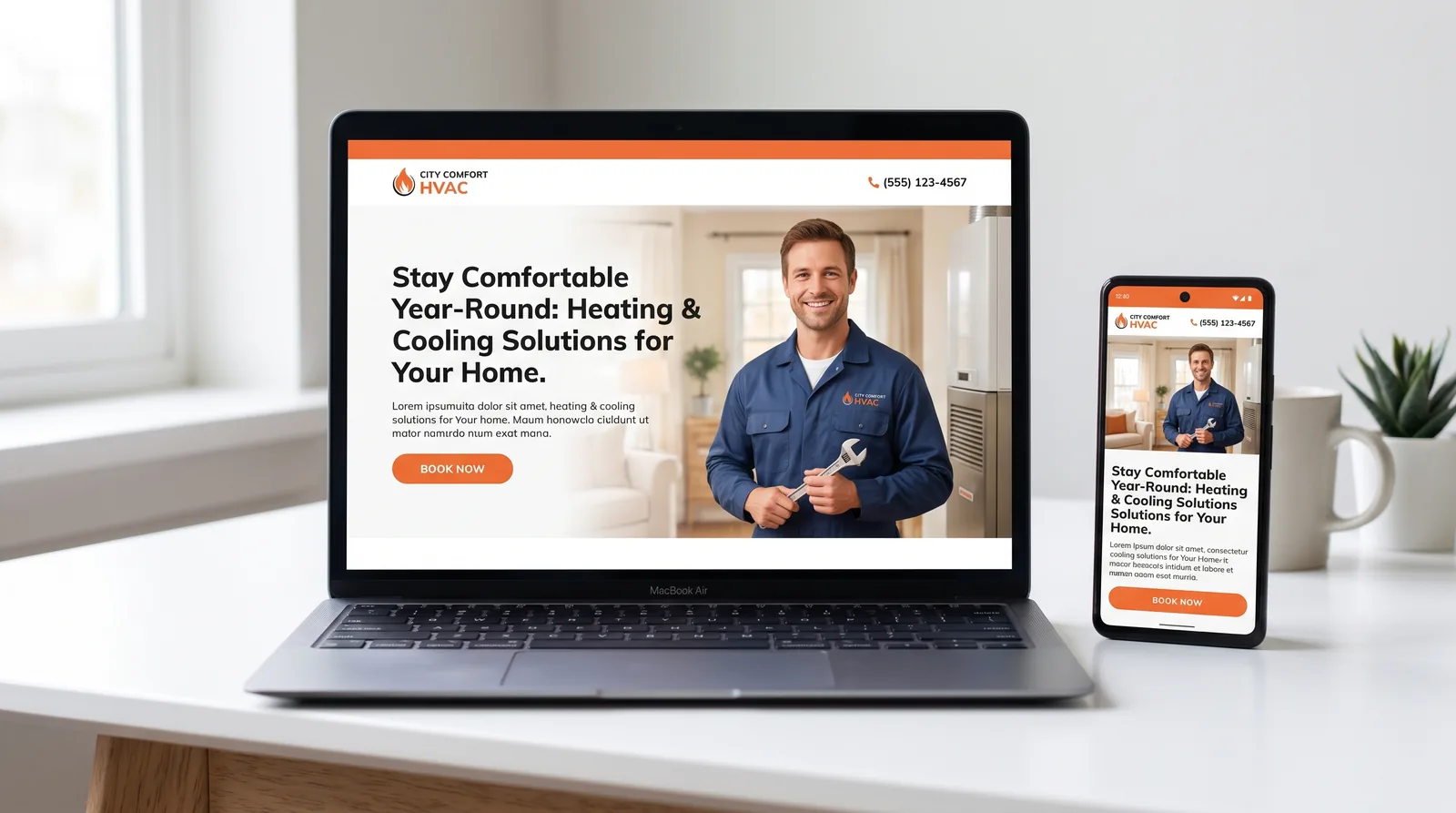 Conversion-optimized residential HVAC website shown on desktop and mobile with a Book Now call-to-action button