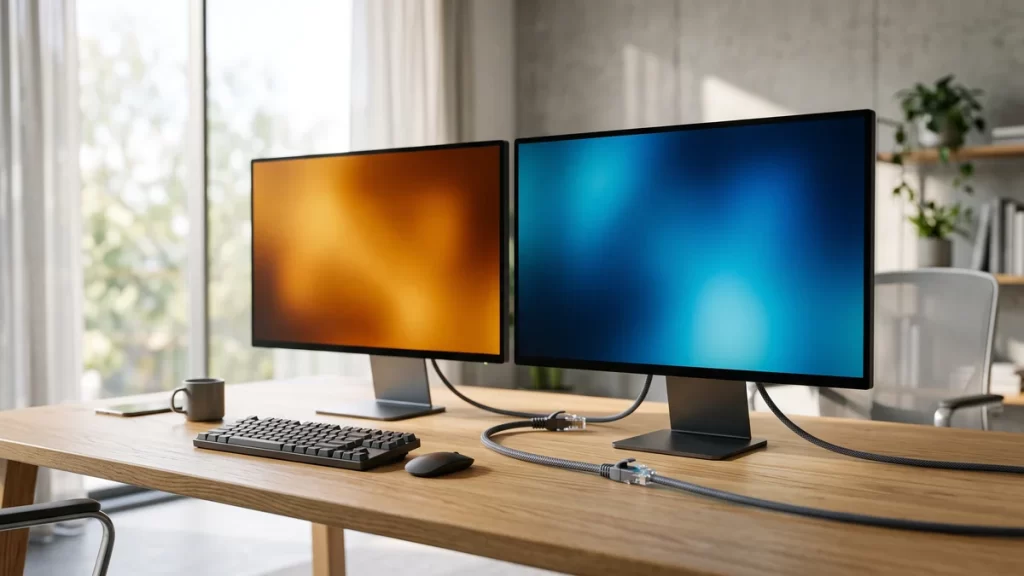 Two desktop monitors linked by a network cable, one glowing amber and one blue, showing a website moving between servers