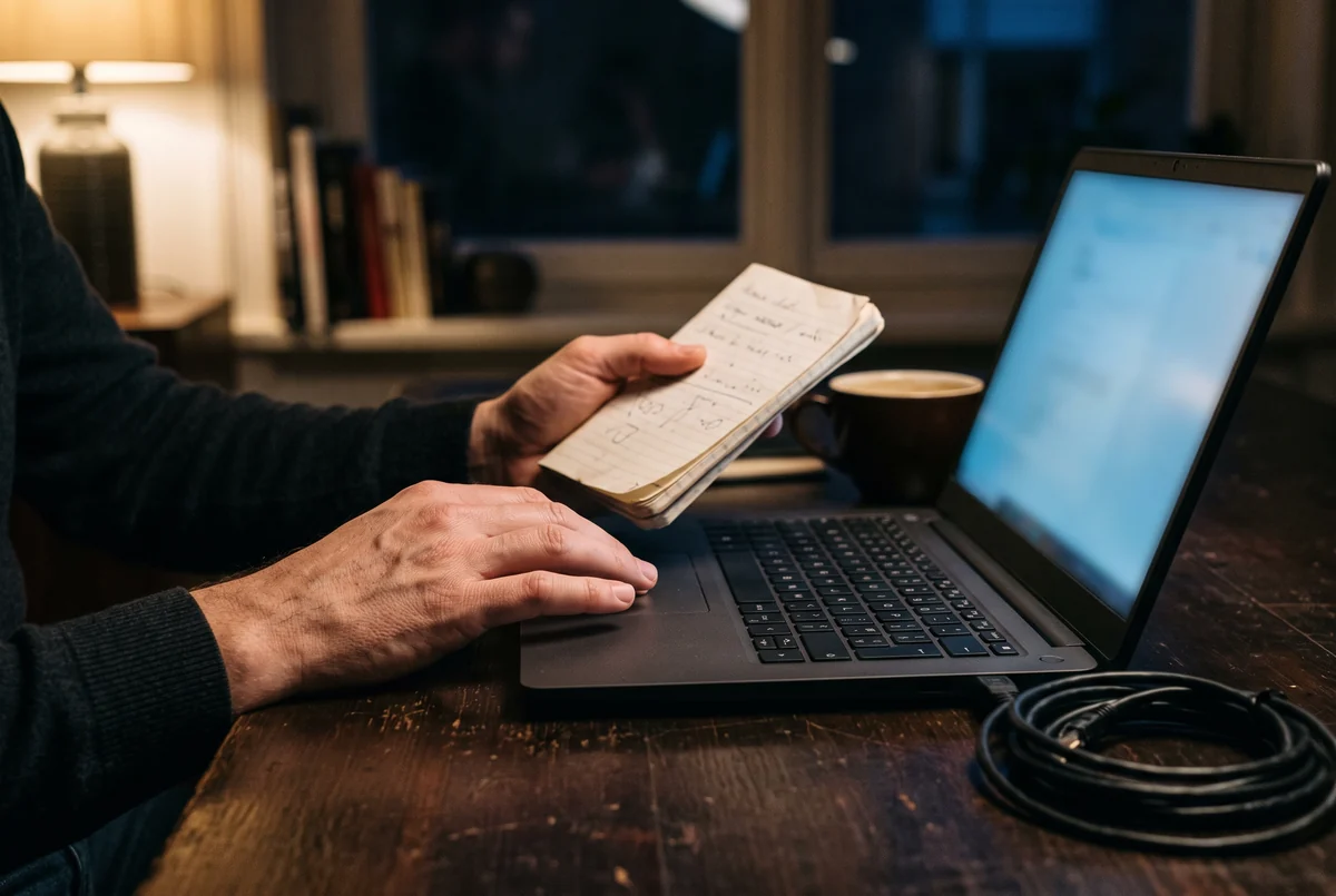 Hands at a laptop holding a handwritten checklist beside a coiled network cable during a site migration