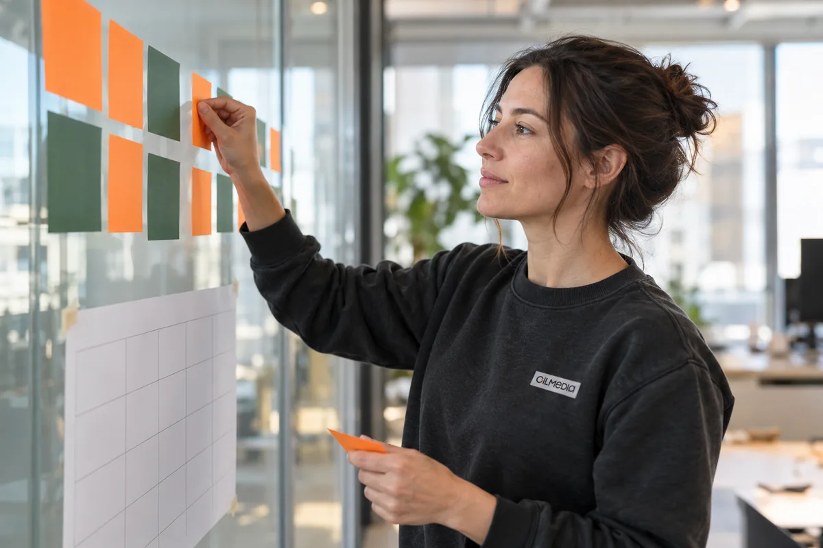 Woman in a dark sweatshirt arranging blank sticky notes into columns on a glass wall